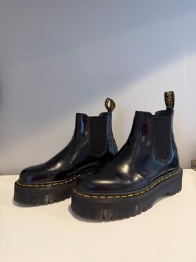 Dr. Martens Black Chelsea Platform Boots with Yellow Stitching